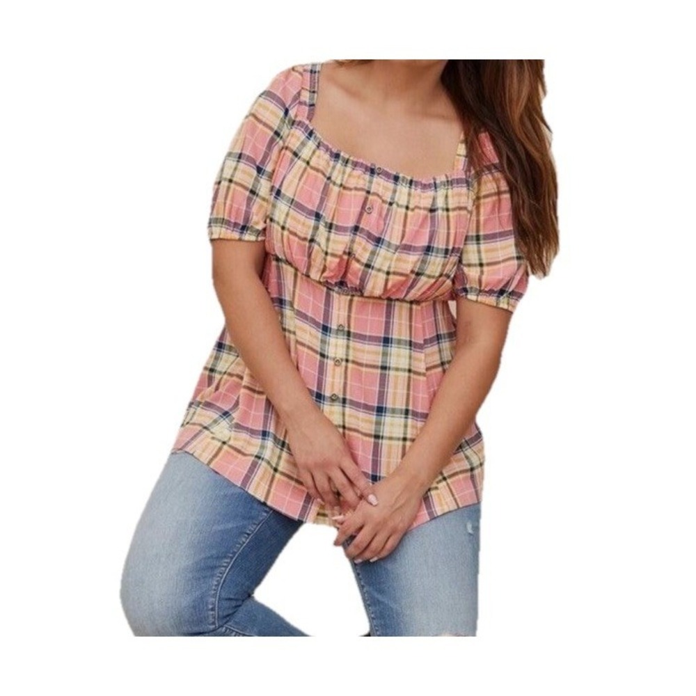 Torrid Plaid Smocked Babydoll Top Pink Yellow Short Puff Sleeves‎ Womens 6X NWT